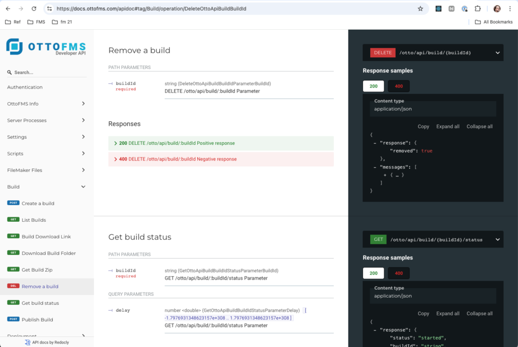 A screenshot of the OttoFMS documentation that is generated from the OpenAPI Spec. Generative AI Filemaker